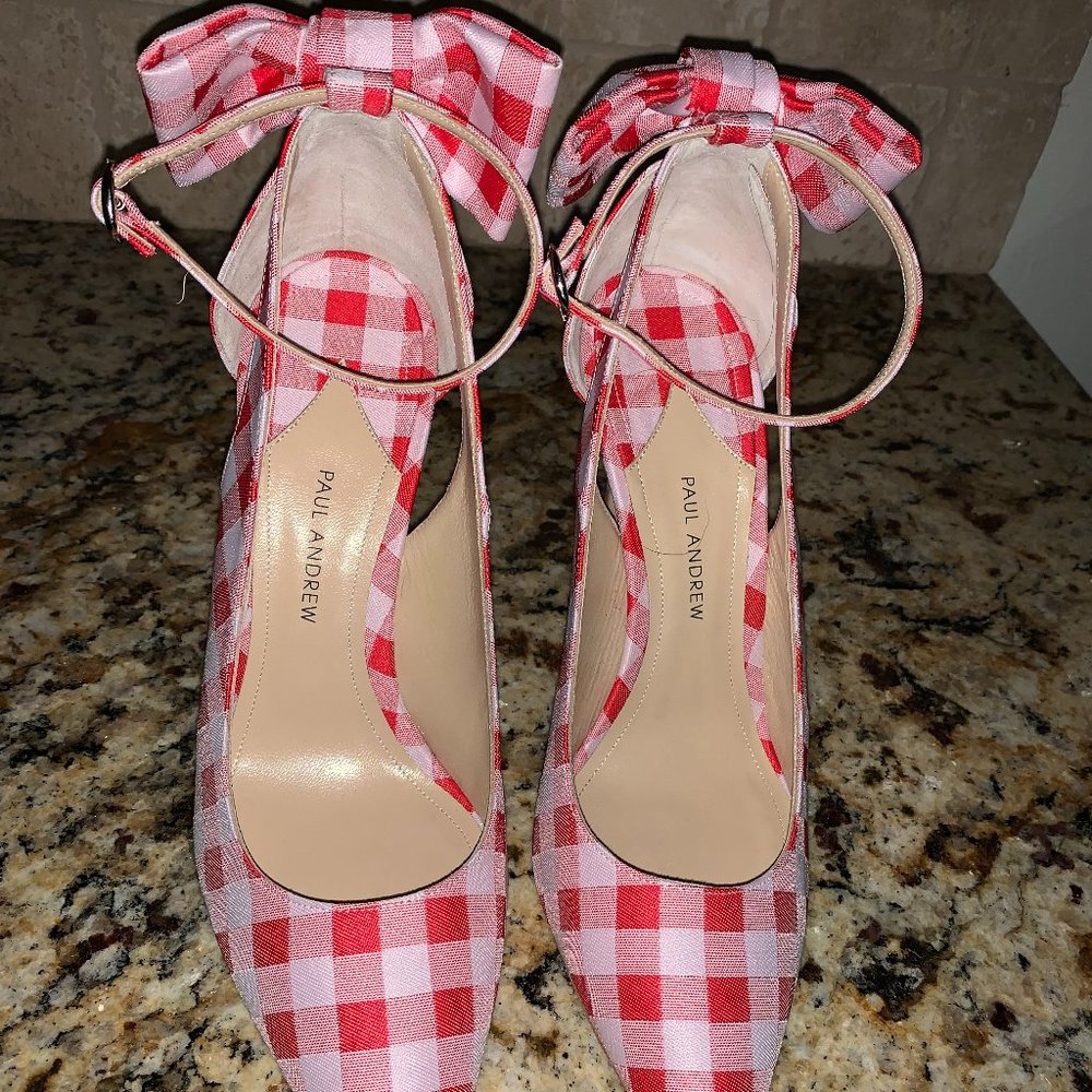 Paul Andrew NWOB Red Gingham Heels, Size 39/US Size 7